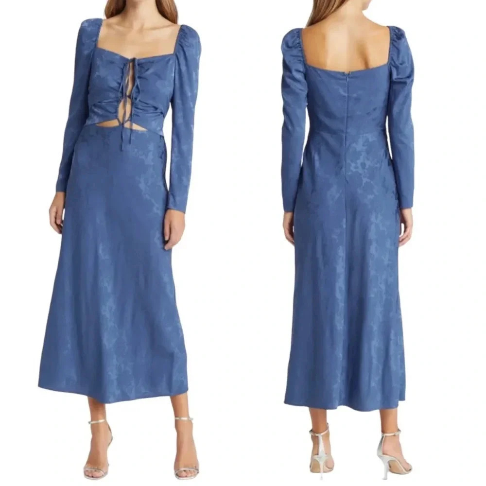 Wayf The Adeline Cutout Floral Jacquard Halter Midi Dress Blue Size XXS NWT